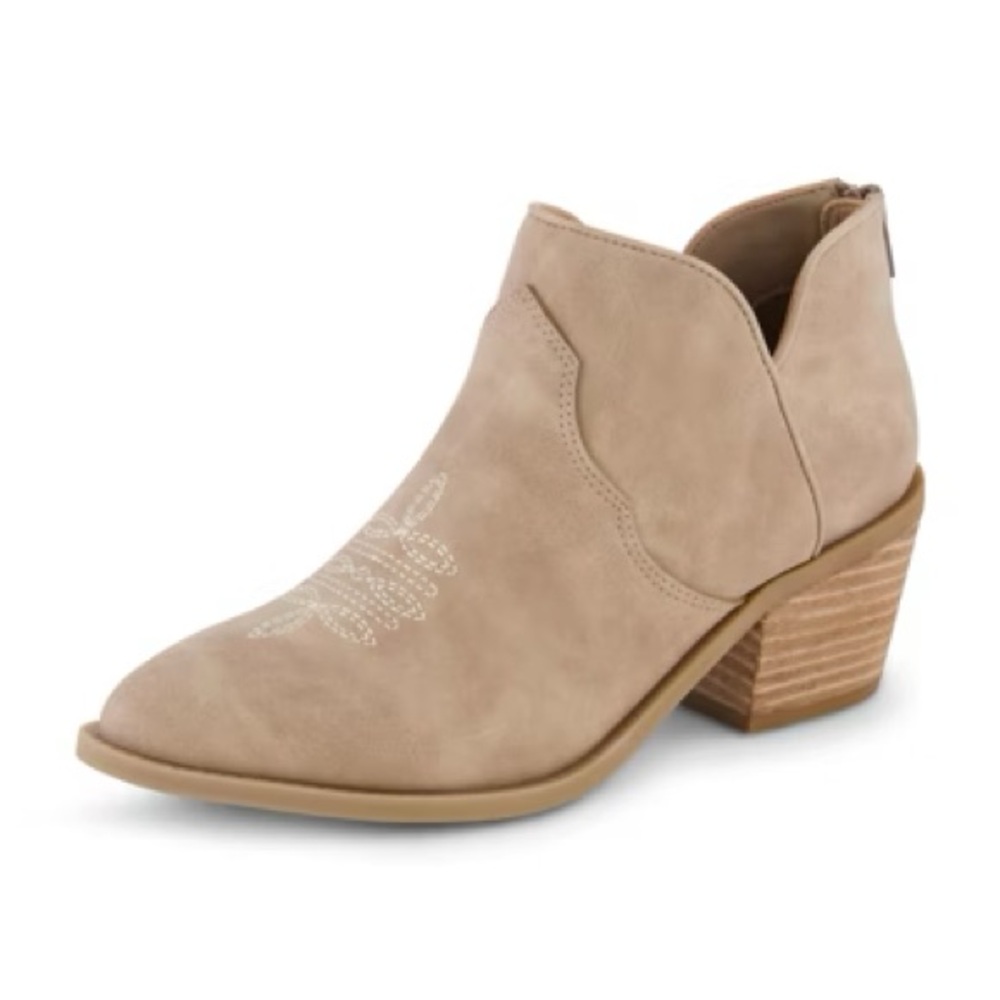 080 Cushionaire Tan Embroidered Western Ankle Booties Side Cut Out Size 8.5